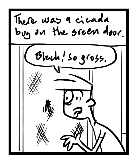 A four-panel comic about a person trying to decide what to do about a cicada bug on the screen door - Panel 1