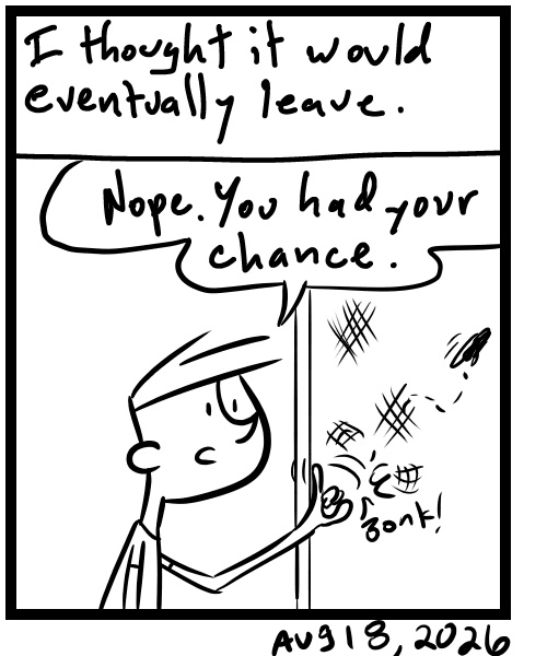 A four-panel comic about a person trying to decide what to do about a cicada bug on the screen door - Panel 4