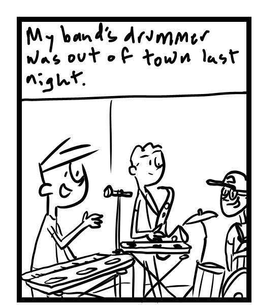 A four-panel comic about a person playing music then seeing a human statue - Panel 1