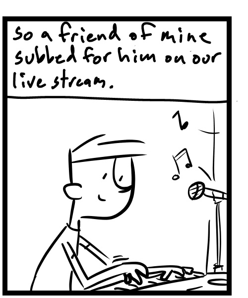 A four-panel comic about a person playing music then seeing a human statue - Panel 2