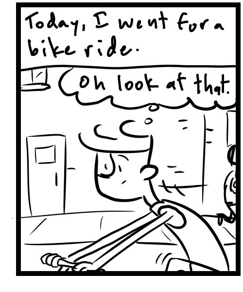 A four-panel comic about a person playing music then seeing a human statue - Panel 3
