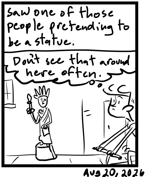 A four-panel comic about a person playing music then seeing a human statue - Panel 4