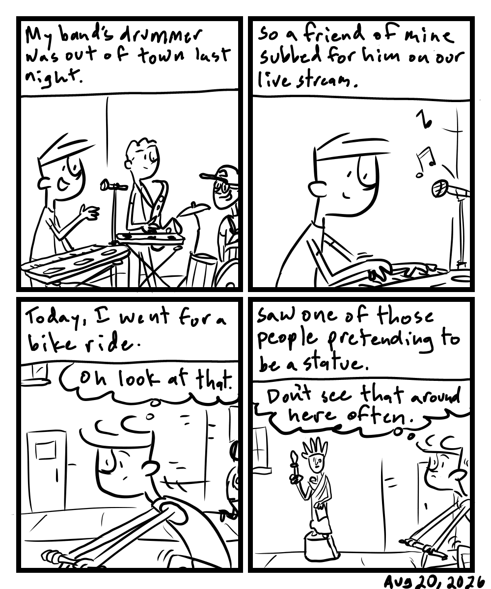 A four-panel comic about a person playing music then seeing a human statue