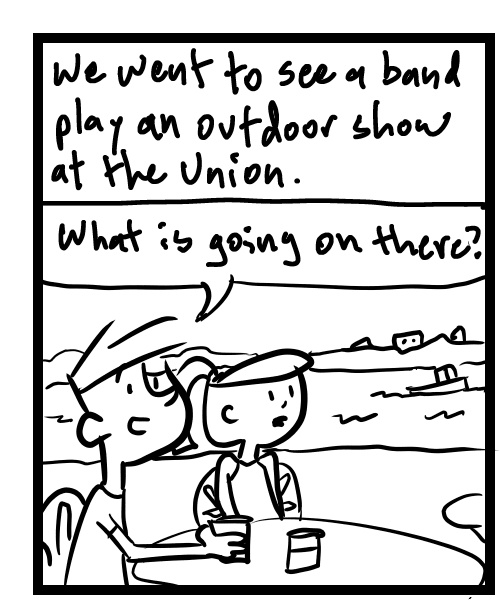 A four-panel comic about a person playing music then seeing a human statue - Panel 1