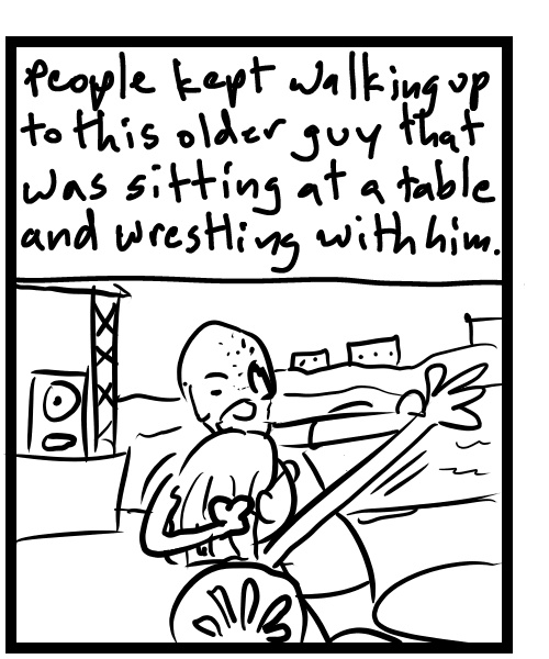 A four-panel comic about a person playing music then seeing a human statue - Panel 2