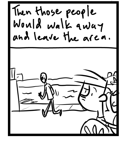 A four-panel comic about a person playing music then seeing a human statue - Panel 3