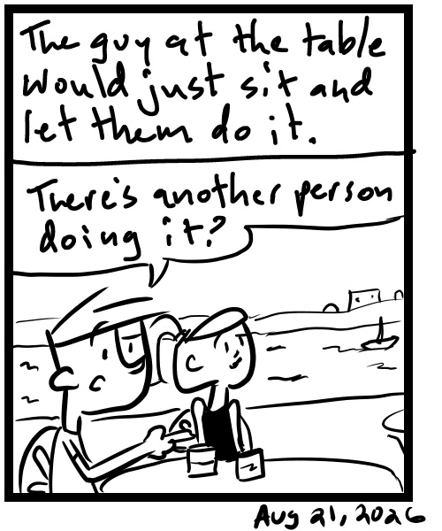 A four-panel comic about a person playing music then seeing a human statue - Panel 4
