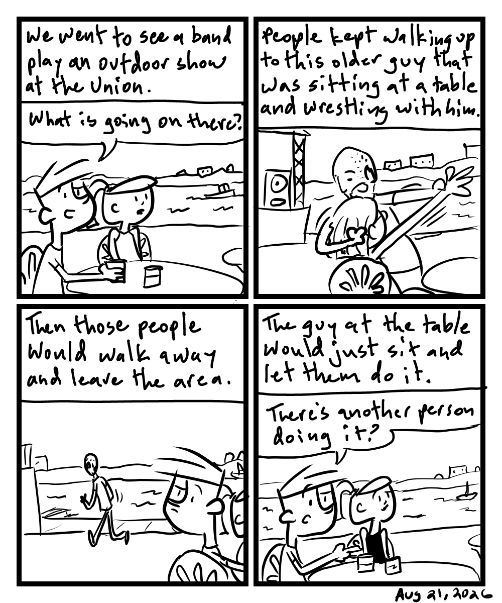 A four-panel comic about a person playing music then seeing a human statue
