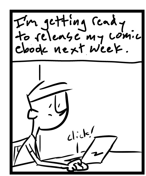 A four-panel comic about a person working on promo setup for his book - Panel 1