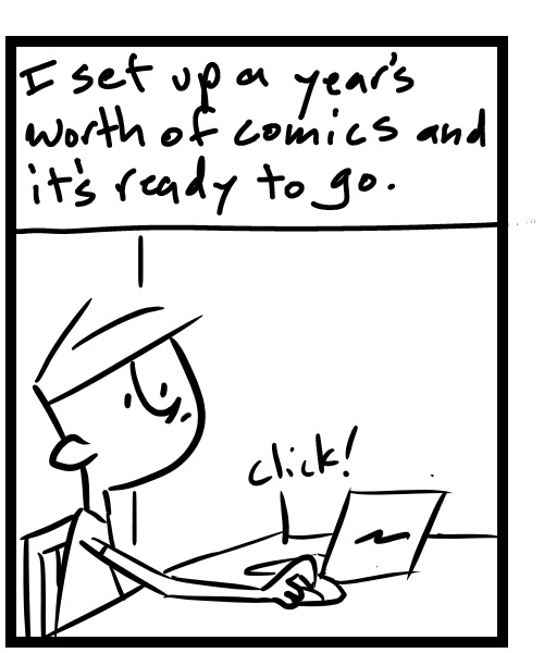 A four-panel comic about a person working on promo setup for his book - Panel 2