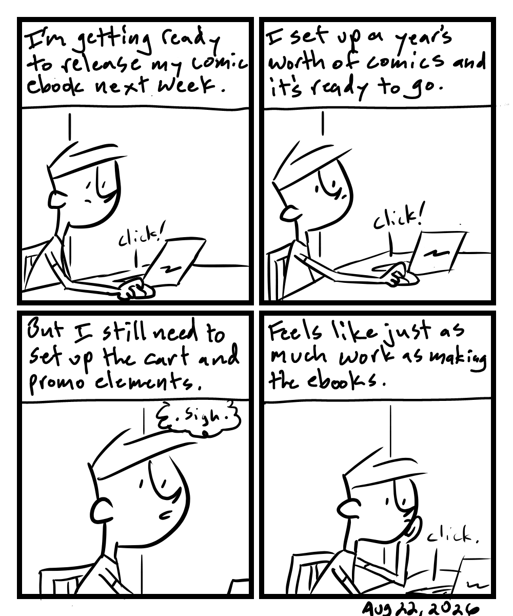 A four-panel comic about a person working on promo setup for his book