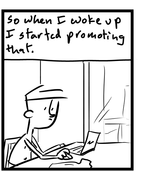 A four-panel comic about a person surprised by people walking into the house when he has no shirt on - Panel 2