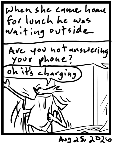 A four-panel comic about a person surprised by people walking into the house when he has no shirt on - Panel 4
