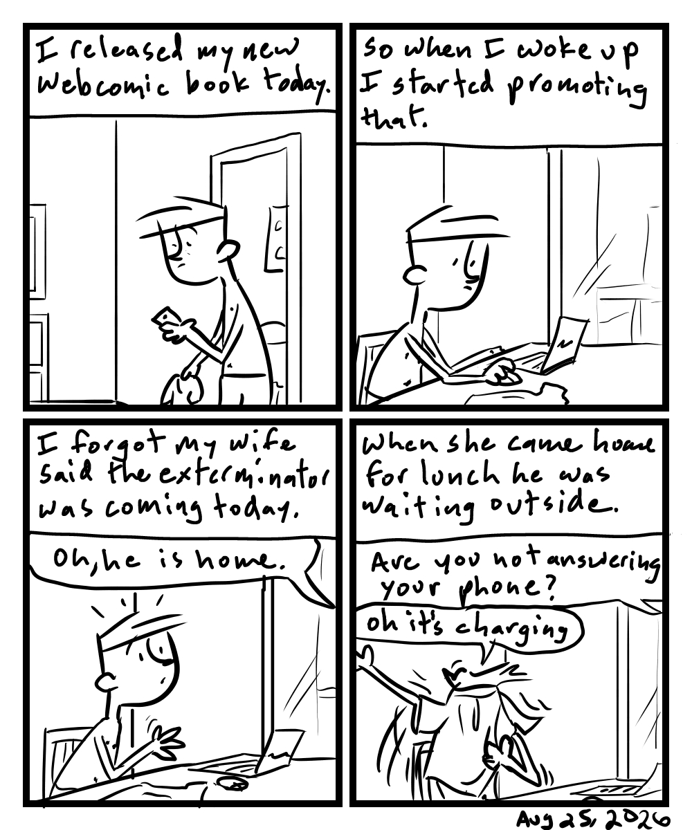 A four-panel comic about a person surprised by people walking into the house when he has no shirt on