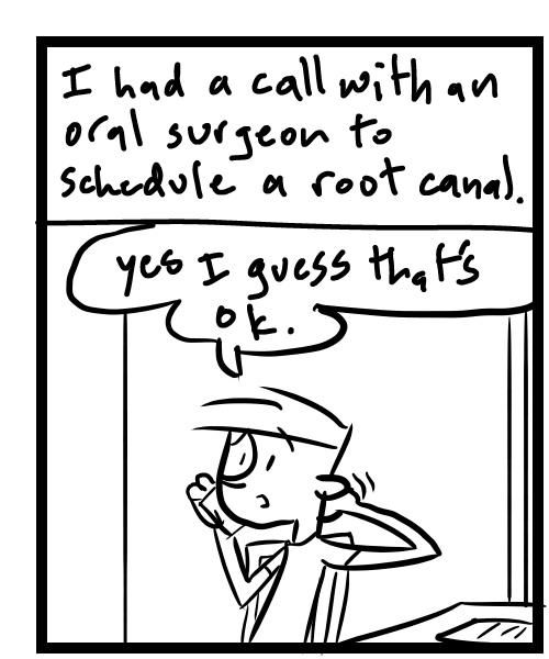 A four-panel comic about a person calling to schedule a root canal - Panel 1