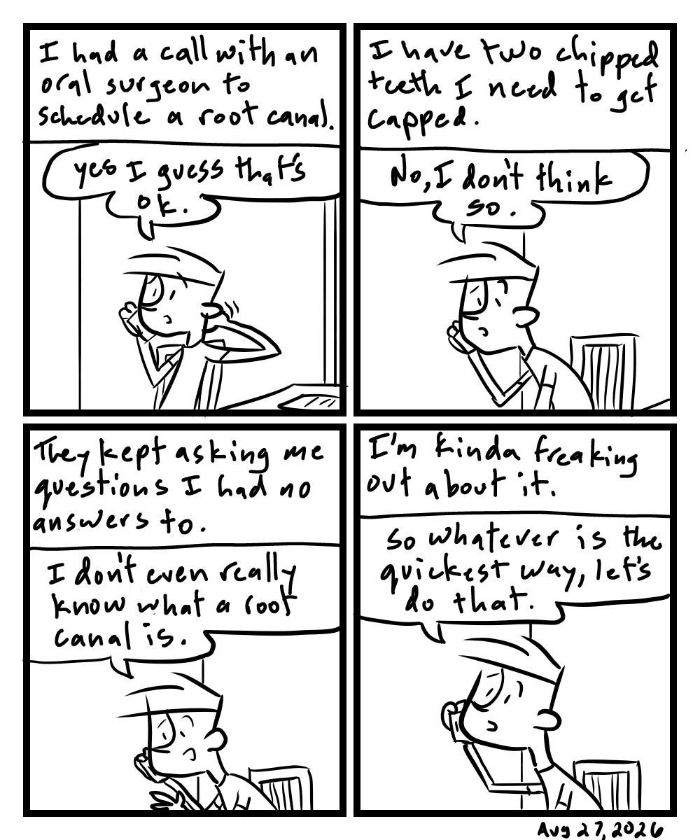 A four-panel comic about a person calling to schedule a root canal