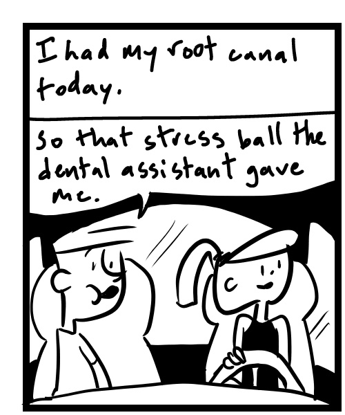 A four-panel comic about people driving in a car after one had a root canal - Panel 1