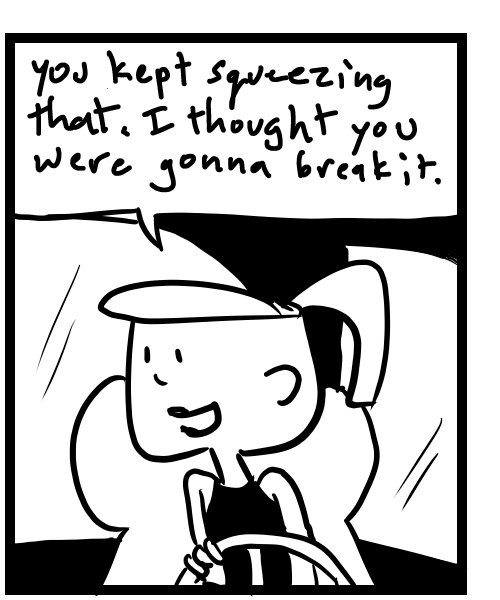 A four-panel comic about people driving in a car after one had a root canal - Panel 2