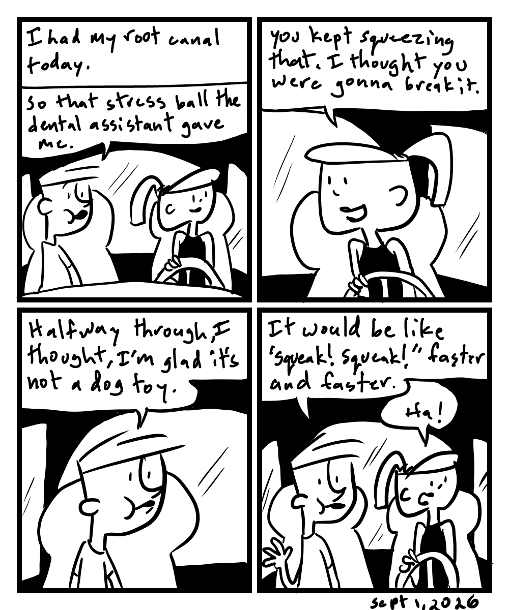A four-panel comic about people driving in a car after one had a root canal