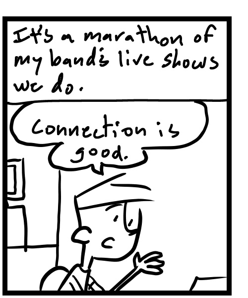 A four-panel comic about a person running a pre-recorded live stream marathon - Panel 2