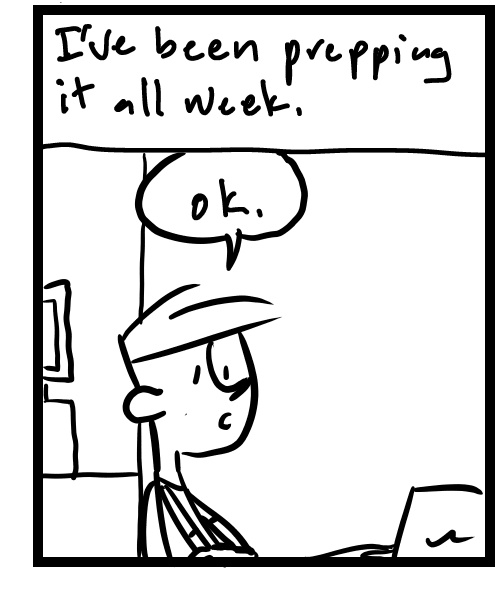 A four-panel comic about a person running a pre-recorded live stream marathon - Panel 3