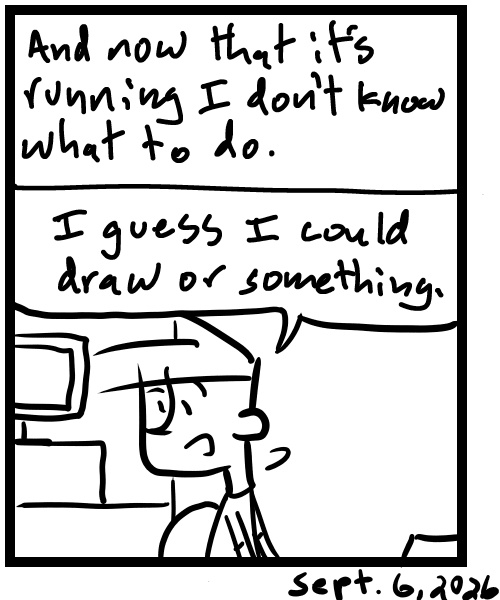 A four-panel comic about a person running a pre-recorded live stream marathon - Panel 4