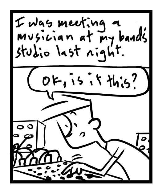 A four-panel comic about a person trying to figure out the sound on a sound system - Panel 1