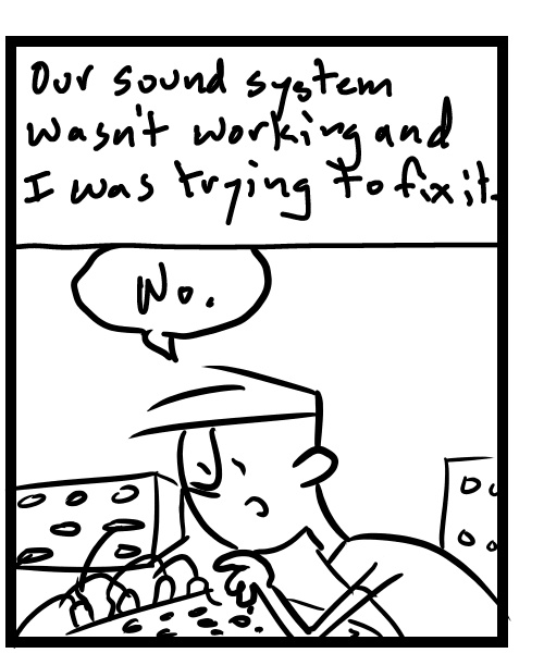 A four-panel comic about a person trying to figure out the sound on a sound system - Panel 2