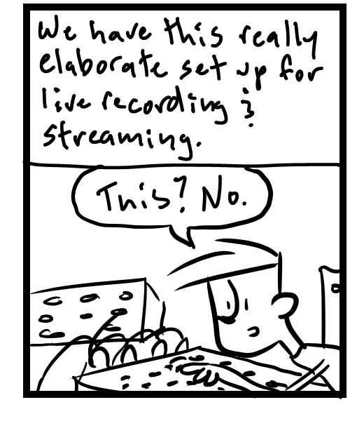 A four-panel comic about a person trying to figure out the sound on a sound system - Panel 3