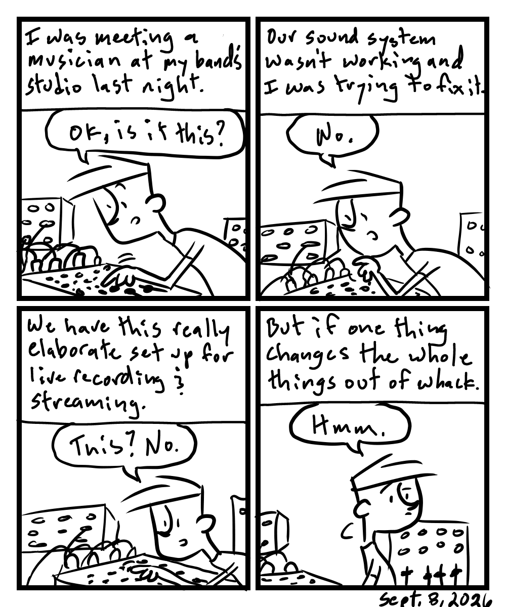 A four-panel comic about a person trying to figure out the sound on a sound system