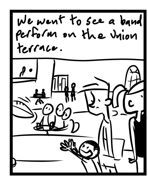 A four-panel comic about people watching kids throw balls across a crowd - Panel 1