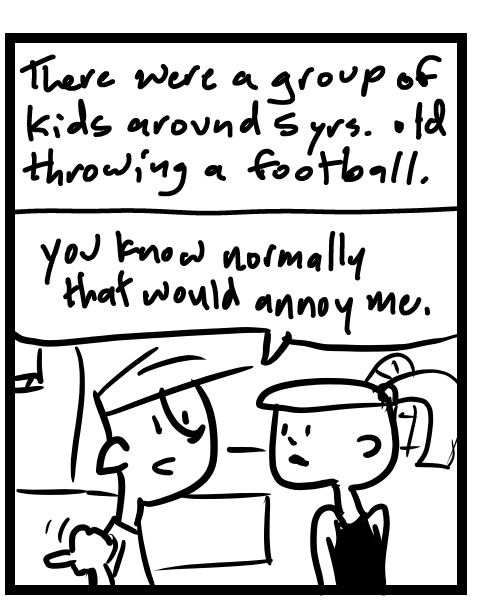 A four-panel comic about people watching kids throw balls across a crowd - Panel 2
