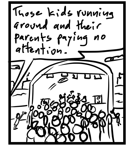 A four-panel comic about people watching kids throw balls across a crowd - Panel 3