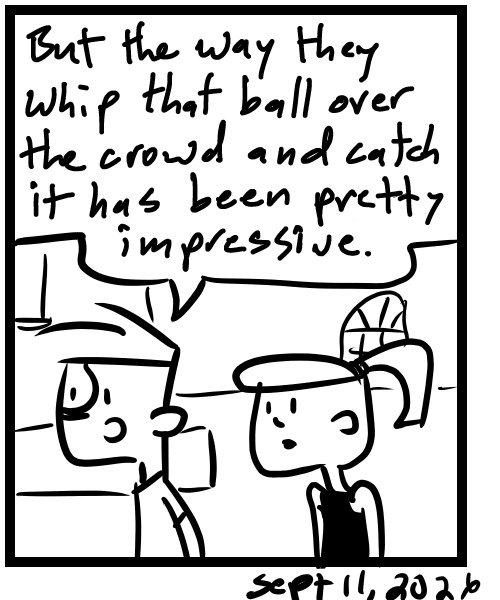 A four-panel comic about people watching kids throw balls across a crowd - Panel 4