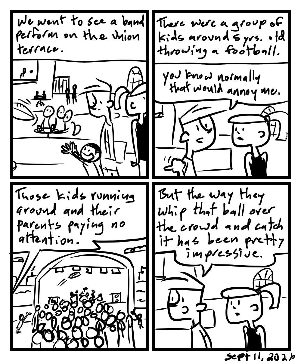 A four-panel comic about people watching kids throw balls across a crowd