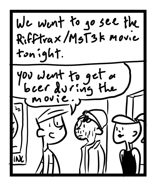 A four-panel comic about people talking after leaving a movie - Panel 1