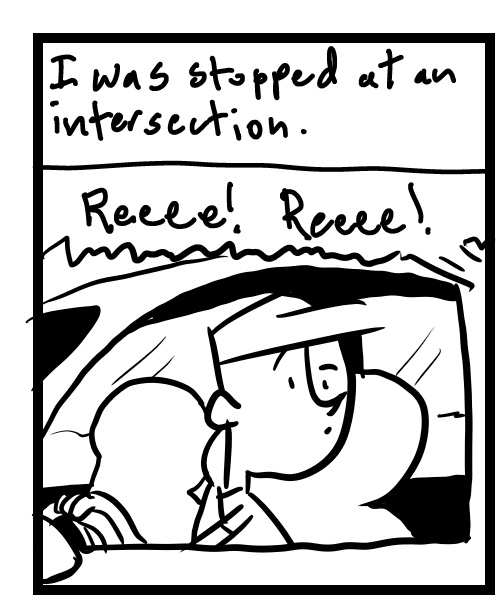 A four-panel comic about a person in a car next to a car with their wipers on for no reason - Panel 1