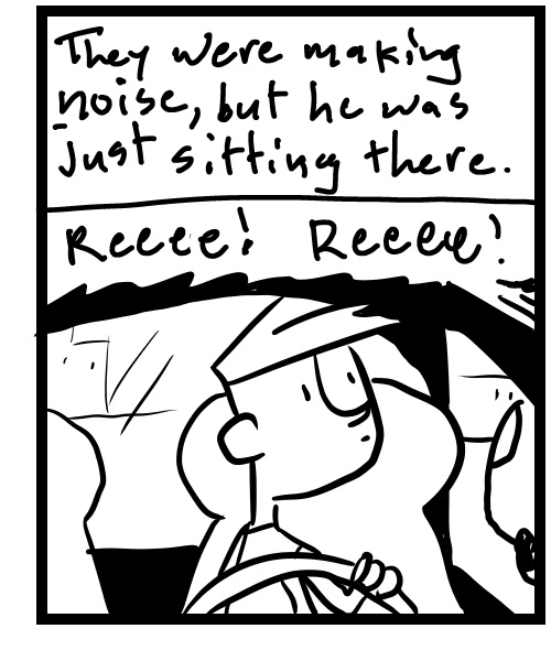 A four-panel comic about a person in a car next to a car with their wipers on for no reason - Panel 3