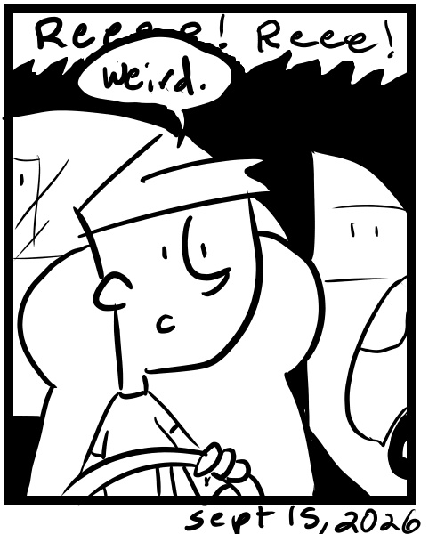 A four-panel comic about a person in a car next to a car with their wipers on for no reason - Panel 4