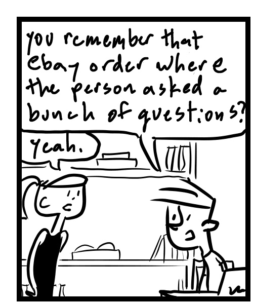 A four-panel comic about a people discussing a review one of them got on an ebay order - Panel 1