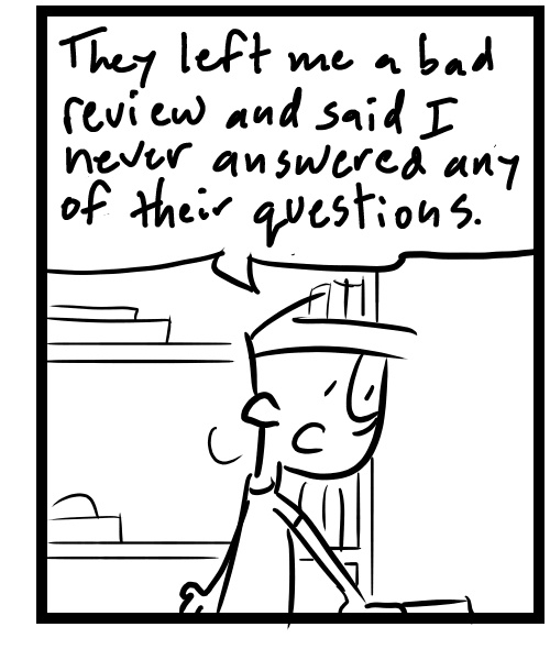 A four-panel comic about a people discussing a review one of them got on an ebay order - Panel 3