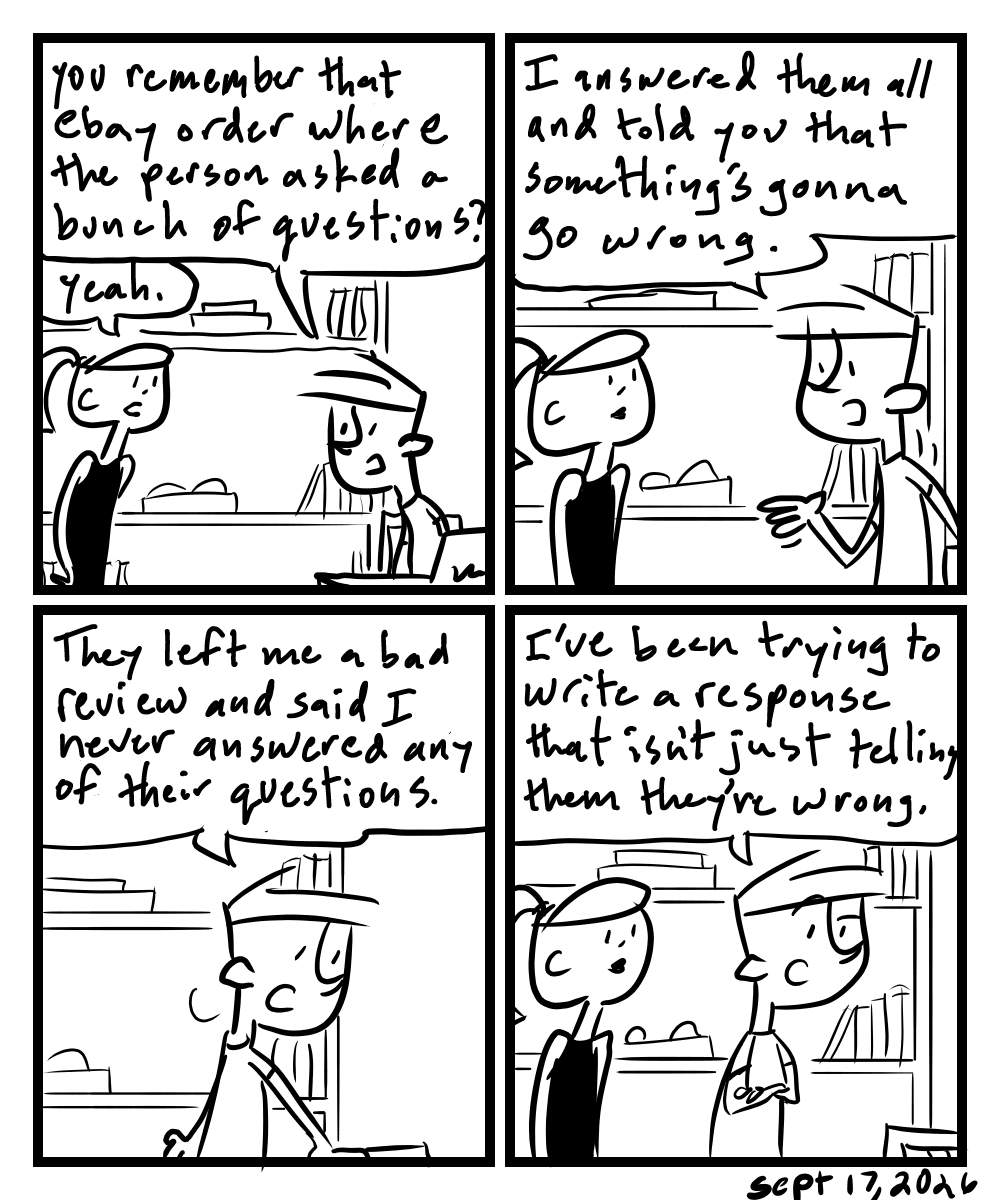 A four-panel comic about a people discussing a review one of them got on an ebay order