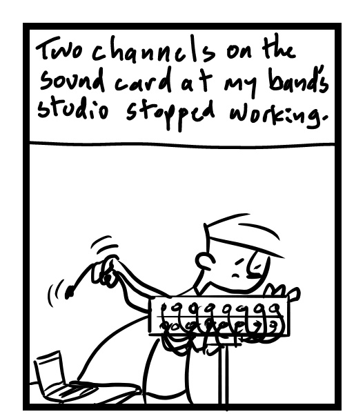 A four-panel comic about a person trying to fix a sound card - Panel 1