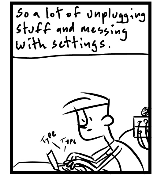 A four-panel comic about a person trying to fix a sound card - Panel 3