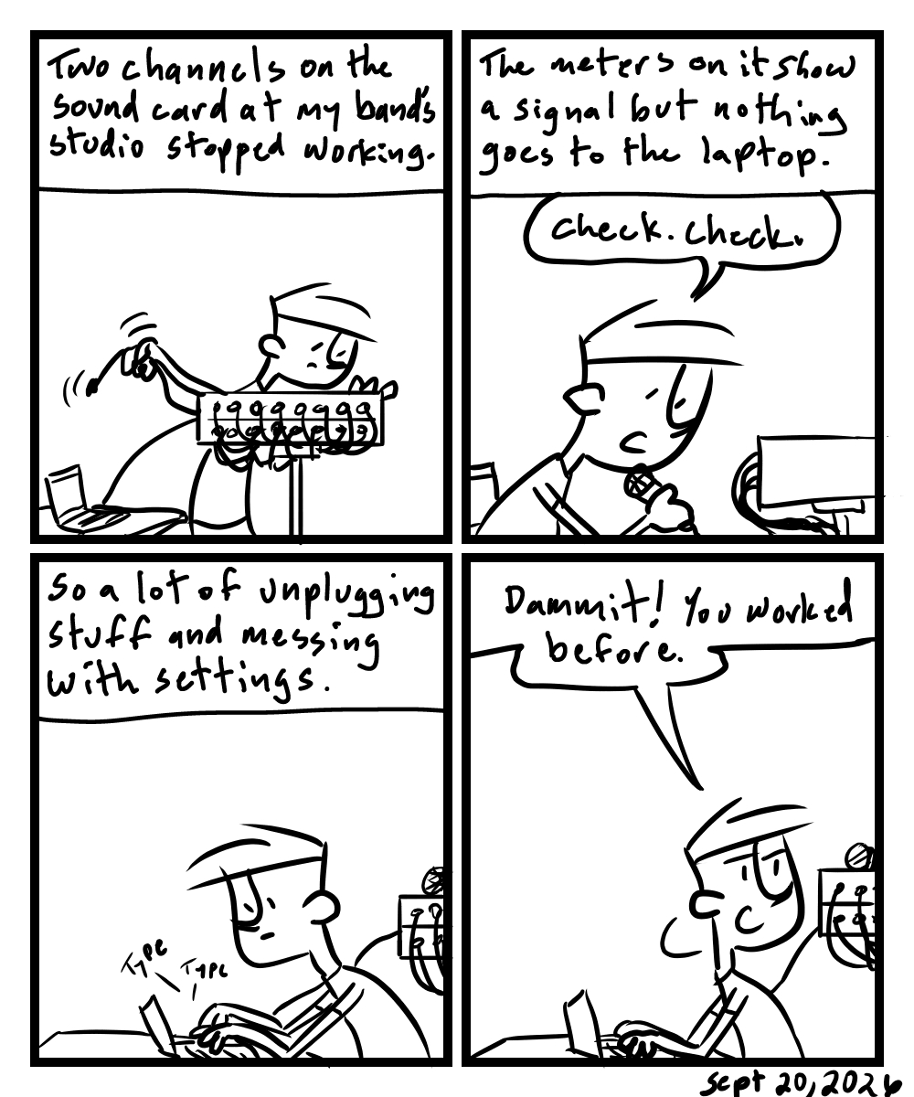 A four-panel comic about a person trying to fix a sound card