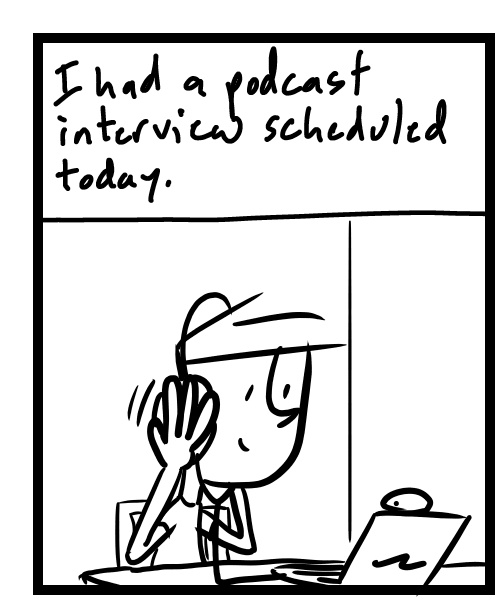 A four-panel comic about a person talking on a video chat for a podcast - Panel 1