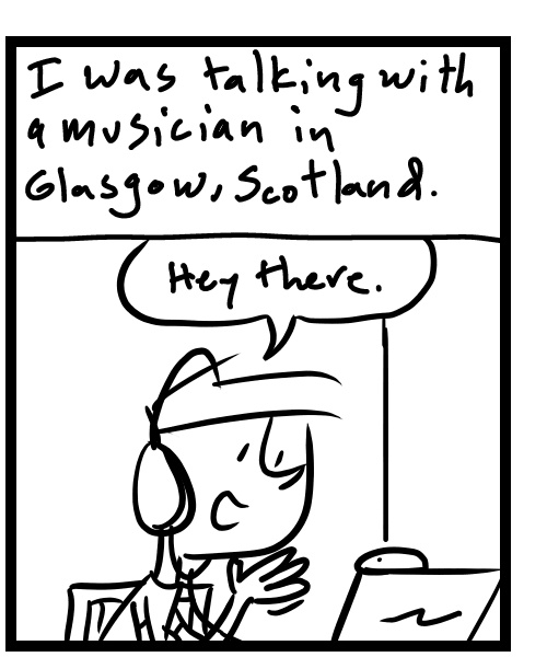 A four-panel comic about a person talking on a video chat for a podcast - Panel 2