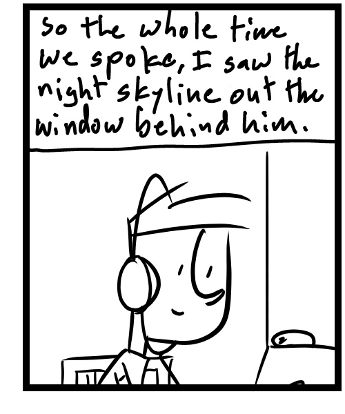 A four-panel comic about a person talking on a video chat for a podcast - Panel 3