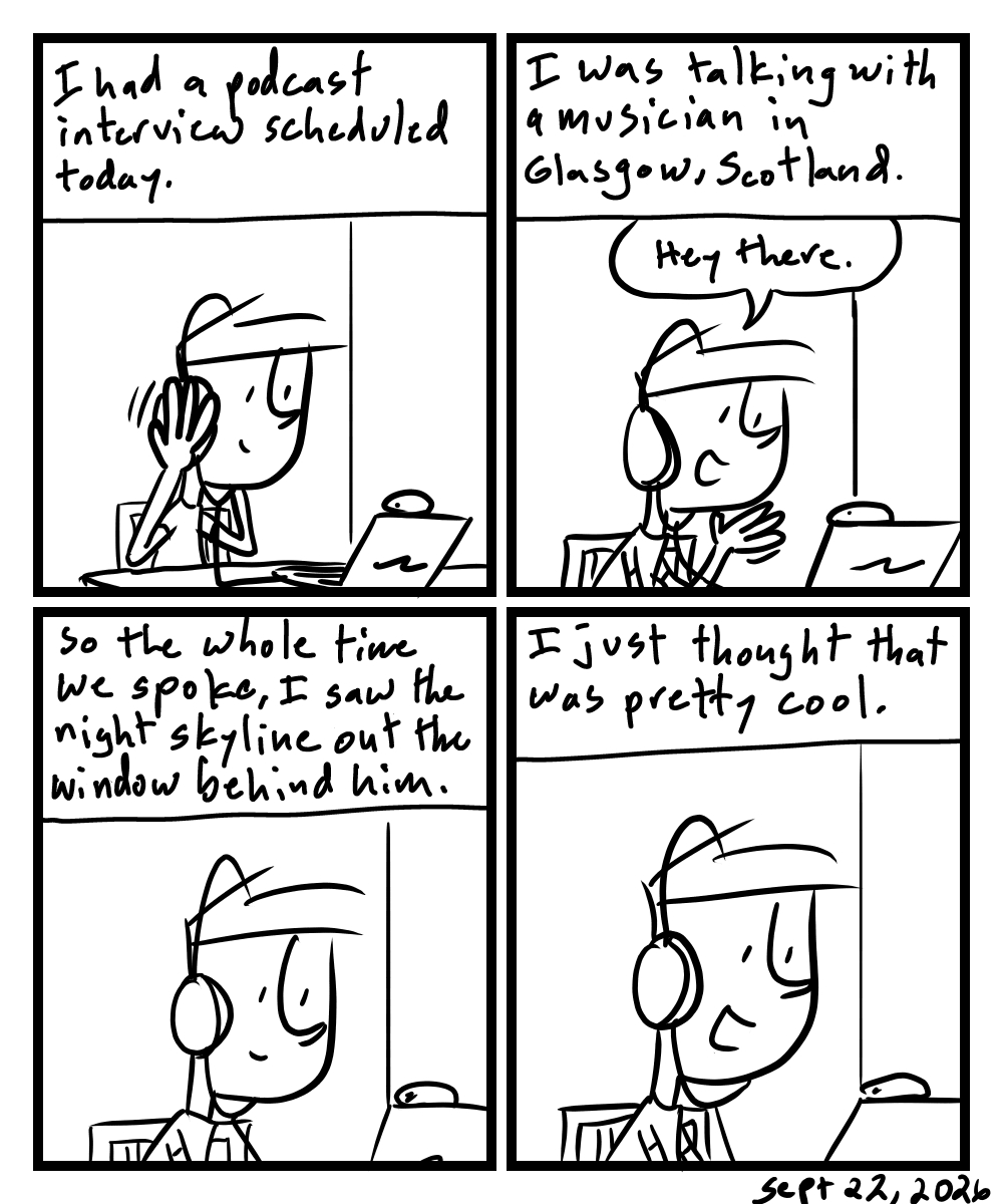 A four-panel comic about a person talking on a video chat for a podcast