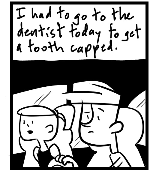 A four-panel comic about a person dealing with laptop issues and going to the dentist - Panel 3